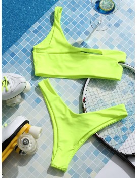  One Shoulder Cut Out Bralette Swimwear Set - Green Yellow S