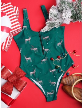  Christmas Half-zip Elk Print One-piece Swimsuit - Greenish Blue L