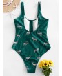  Christmas Half-zip Elk Print One-piece Swimsuit - Greenish Blue L