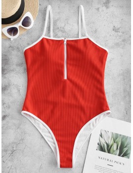  Ribbed Piping Zip High Cut One-piece Swimsuit - Red S