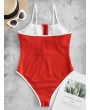  Ribbed Piping Zip High Cut One-piece Swimsuit - Red S