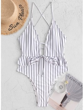  Ruffle Pinstriped Lace-up High Leg One-piece Swimsuit - Black M