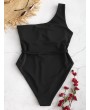 Belted One Shoulder One-piece Swimsuit - Black L