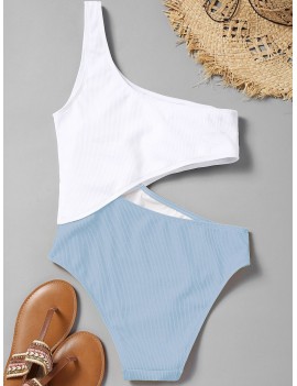 Cutout Ribbed One Shoulder Swimsuit - Light Blue S