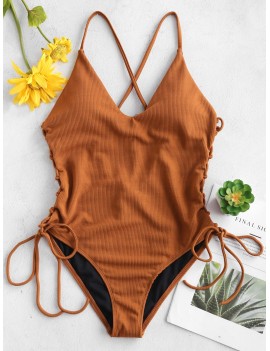 Lace-up Cross High Cut Swimsuit - Brown M