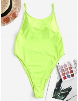  Neon High Cut Backless Thong One-piece Swimsuit - Green Yellow S