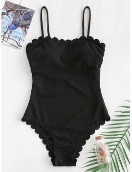  Ribbed Scalloped Cami Swimsuit - Black S