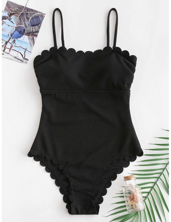  Ribbed Scalloped Cami Swimsuit - Black S