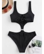   Textured Ribbed O-ring Monokini Swimsuit - Black M