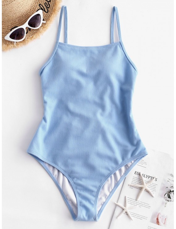  Ribbed Lace Up One-piece Swimsuit - Day Sky Blue S