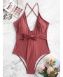  Belted Lace Up One-piece Swimsuit - Cherry Red L