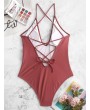  Belted Lace Up One-piece Swimsuit - Cherry Red L