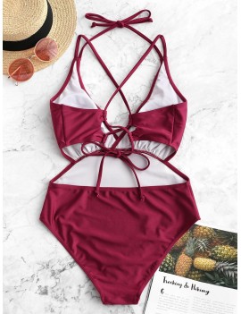  Cross Back Low Cut High Waisted One-piece Swimsuit - Red Wine S