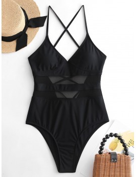 Mesh Insert Lace Up One-piece Swimsuit - Black Xl