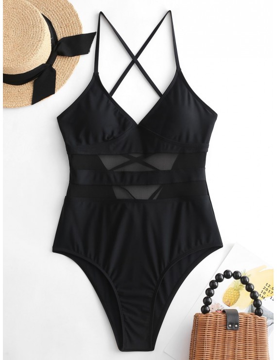 Mesh Insert Lace Up One-piece Swimsuit - Black Xl