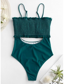 Smocked Frill Cut Out Swimsuit - Peacock Blue S