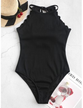  Ribbed Tie Scalloped One-piece Swimsuit - Black L