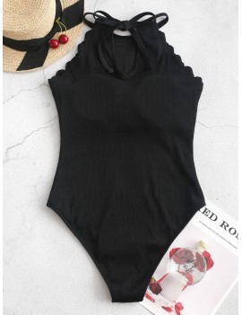  Ribbed Tie Scalloped One-piece Swimsuit - Black L