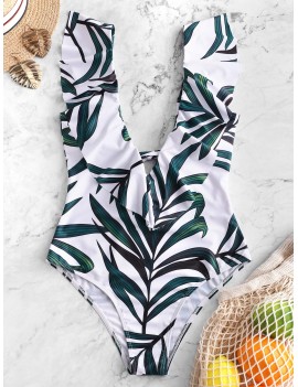  Leaf Print Ruffle Plunging Swimsuit - Multi-a L