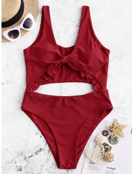  Knot Ruffle Cutout One-piece Swimsuit - Red S