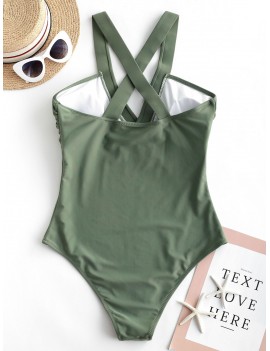  Criss Cross Plain One-piece Swimsuit - Camouflage Green M