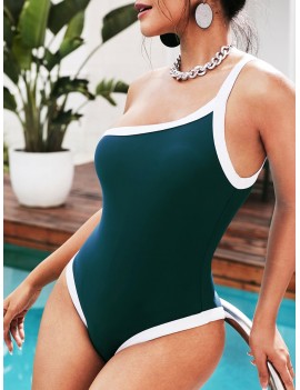  Ribbed Trim One Shoulder One-piece Swimsuit - Peacock Blue Xl
