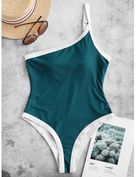  Ribbed Trim One Shoulder One-piece Swimsuit - Peacock Blue Xl