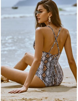  Snakeskin Lace Up Backless One-piece Swimsuit - Multi-a L