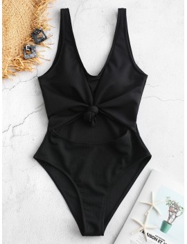  Ribbed Knotted Cut Out Swimsuit - Black L
