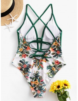  Crisscross Lace-up Plant Print One-piece Swimsuit - Medium Sea Green Xl