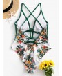  Crisscross Lace-up Plant Print One-piece Swimsuit - Medium Sea Green Xl
