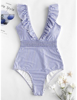  Ruffle Shirred Stripe Swimsuit - Light Sky Blue S